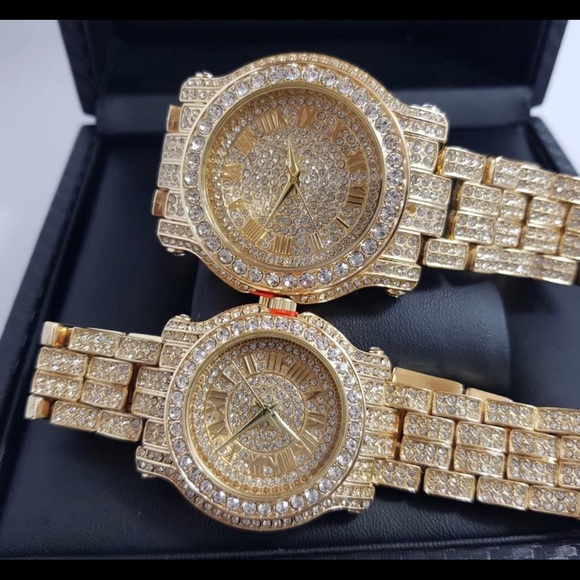 Couples Gold Finished Lab Diamond Watch Set - Picture 3 of 3